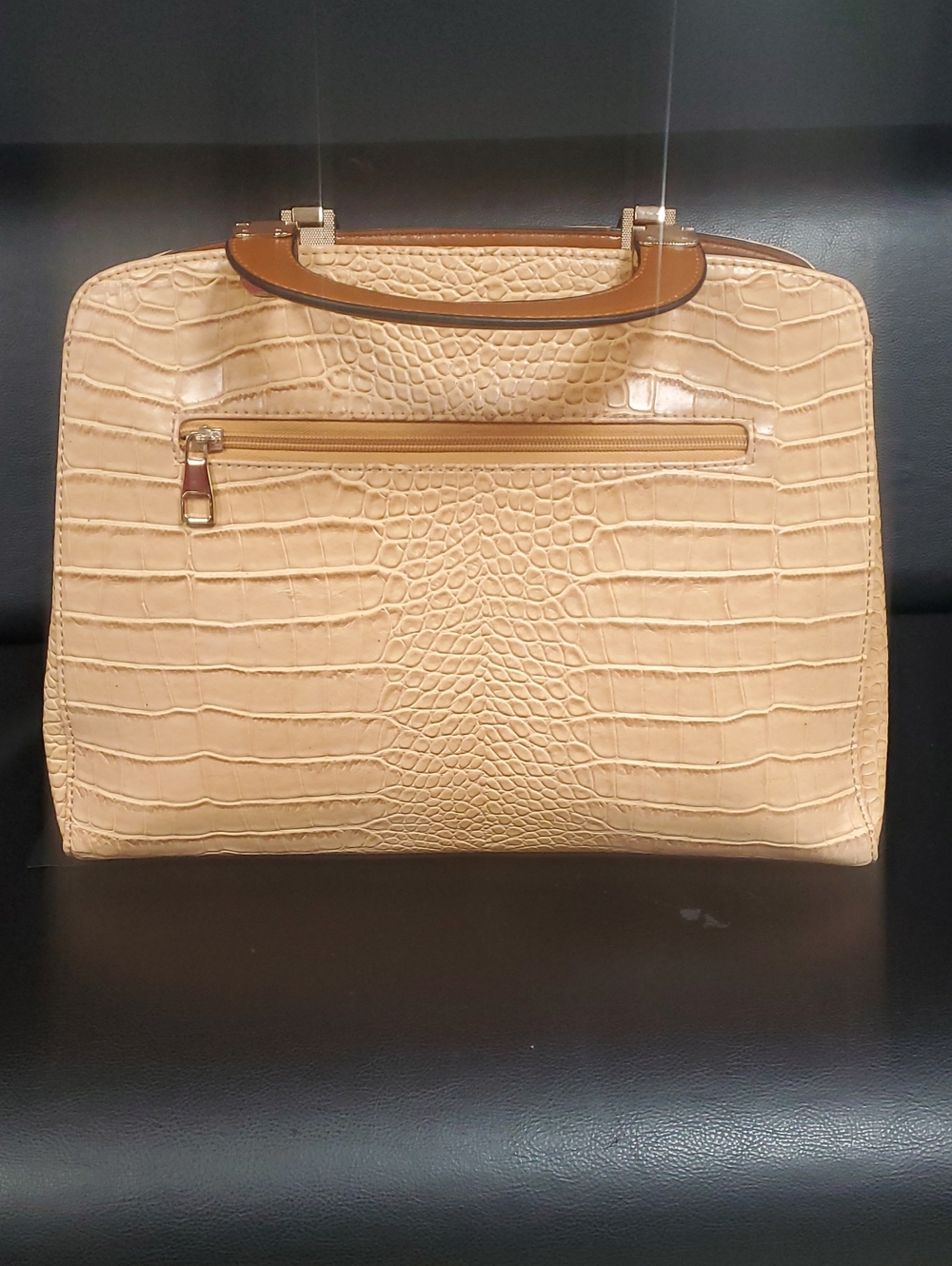 Croc-Embossed Top-Handle Satchel in Beige